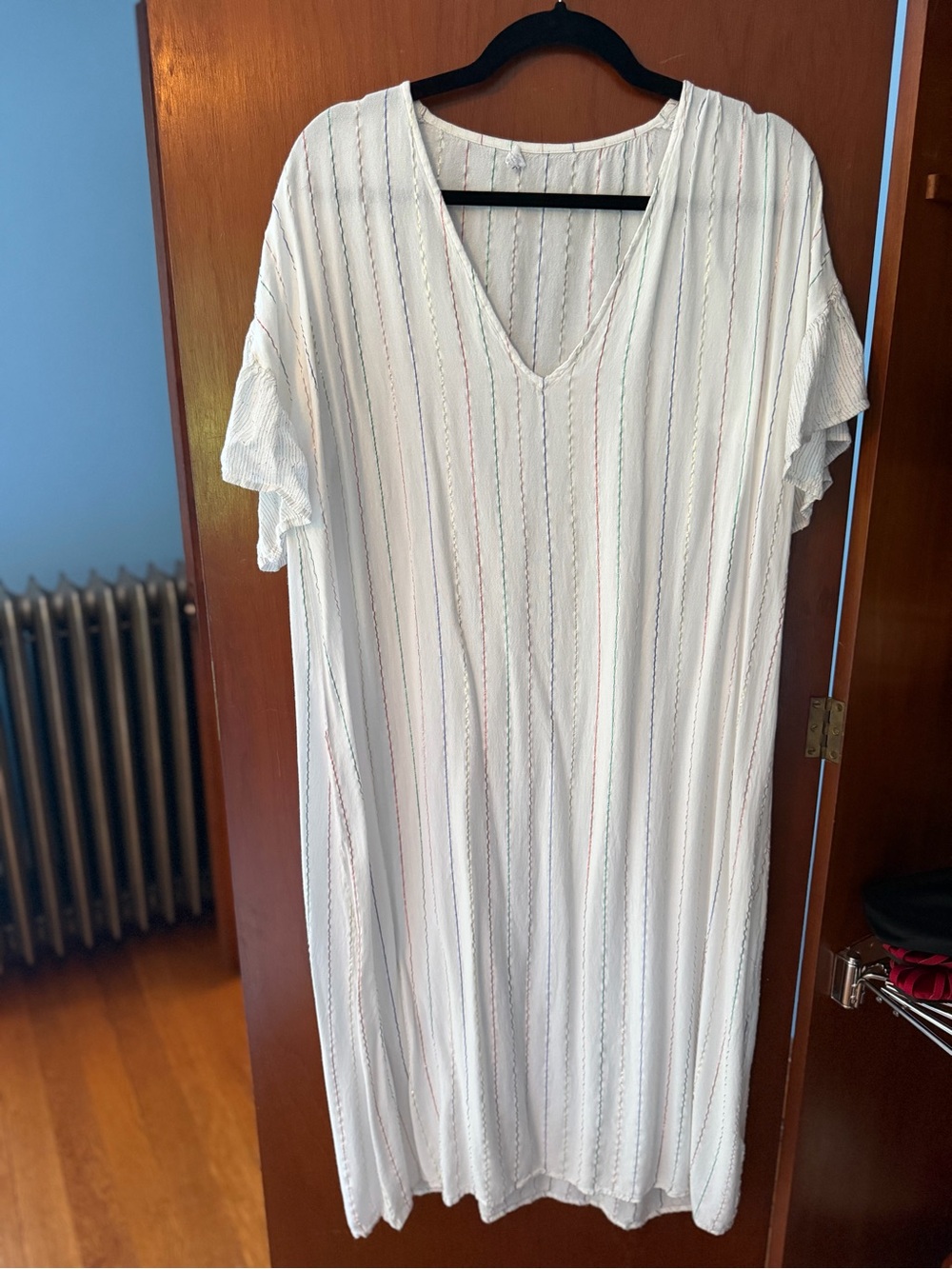 Pitusa White V-Neck Dress with Multicolor Pinstripes